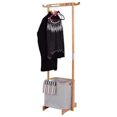 Image of Bamboo Frame Laundry Hamper Basket with Garment Rack Clothes Hanger