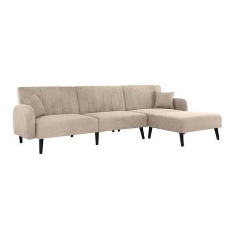 Image of Modern Mid-Century Beige Linen Upholstered Sleeper Sectional Sofa