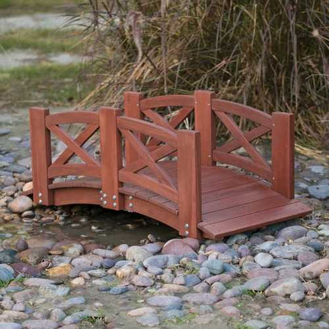 Image of Red Stained Wood 4-Ft Garden Bridge with X-Design Hand Rails