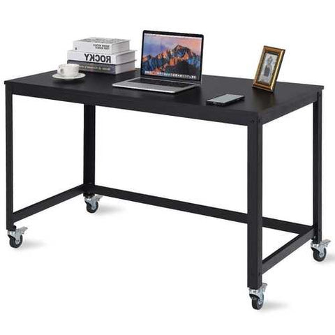 Image of Mobile Steel Frame Laptop Computer Desk with Black Wood Top and Locking Casters