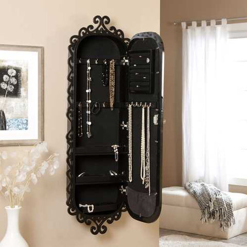 Image of Wall-Mounted Jewelry Armoire Mirror with Gloss Black Scrollwork Border