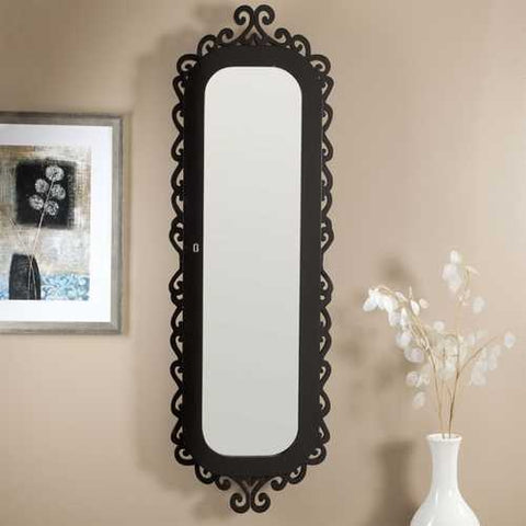 Image of Wall-Mounted Jewelry Armoire Mirror with Gloss Black Scrollwork Border