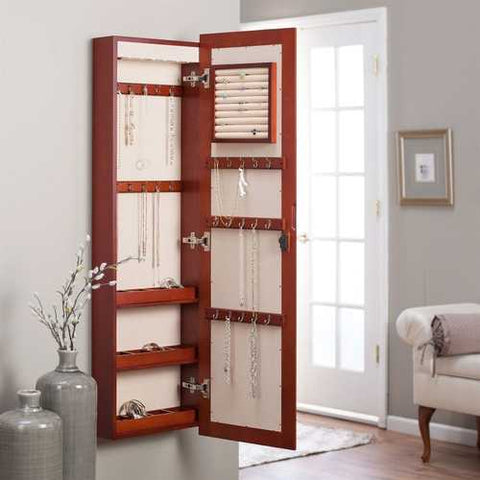 Image of Wall Mounted Locking Jewelry Armore with Mirror in Cherry Wood Finish