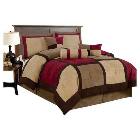 Image of King size 7-Piece Bed Bag Patchwork Comforter Set in Brown Burgundy Red