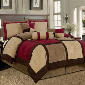 King size 7-Piece Bed Bag Patchwork Comforter Set in Brown Burgundy Red