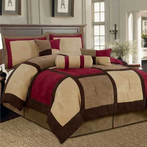 Image of King size 7-Piece Bed Bag Patchwork Comforter Set in Brown Burgundy Red