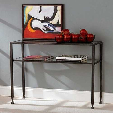 Image of Black Metal Console Sofa Table with Glass Top and Shelves