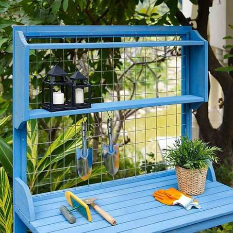 Image of Blue Wood Potting Bench with Garden Tool Hanging Trellis and Slatted Shelf