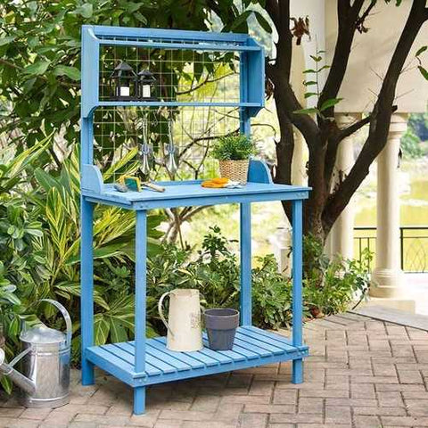 Image of Blue Wood Potting Bench with Garden Tool Hanging Trellis and Slatted Shelf