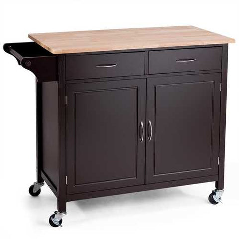 Image of Brown Kitchen Island Storage Cart with Wood Top and Casters