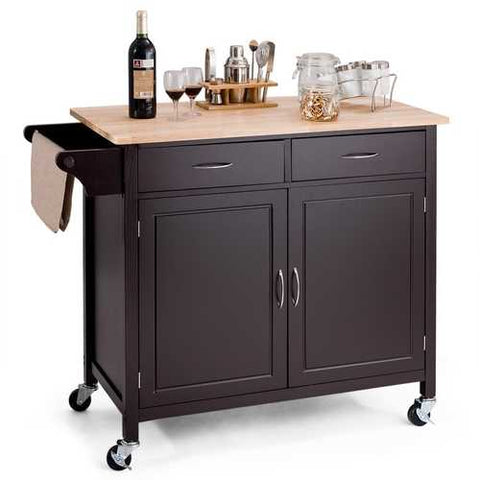 Image of Brown Kitchen Island Storage Cart with Wood Top and Casters