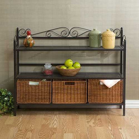 Image of Metal Kitchen Baker's Rack with Three Rattan Drawers