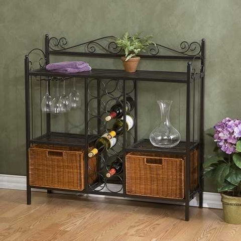 Image of Kitchen Dining Baker's Rack with Wine Storage and Rattan Baskets