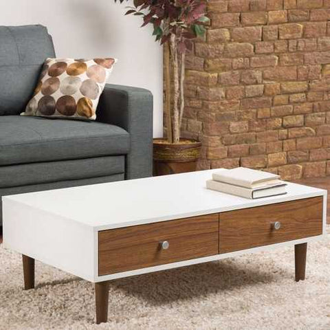 Image of Modern Mid-Century Style White Wood Coffee Table with 2 Drawers