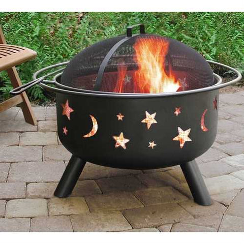 Image of Stars Moon Sky Black Steel Fire Pit Bowl with Screen Cooking Grate and Poker