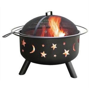 Stars Moon Sky Black Steel Fire Pit Bowl with Screen Cooking Grate and Poker