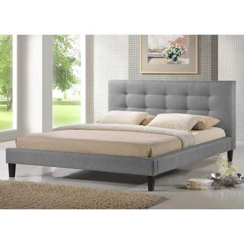 Image of King size Modern Gray Linen Upholstered Platform Bed with Headboard