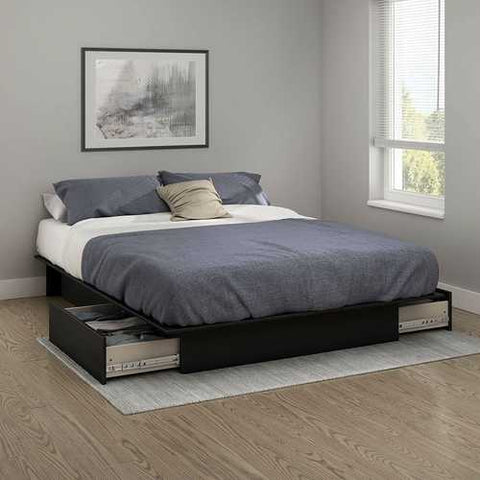 Image of Queen Platform Bed Frame with 2 Storage Drawers in Black Wood Finish