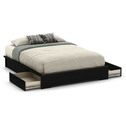 Image of Queen Platform Bed Frame with 2 Storage Drawers in Black Wood Finish