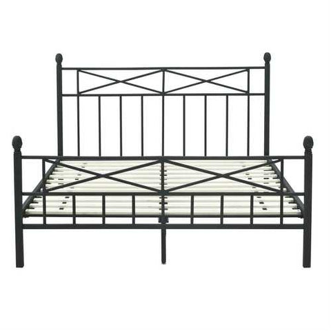 Image of Full size Matte Black Metal Platform Bed Frame with Headboard Footboard and Wood Slats