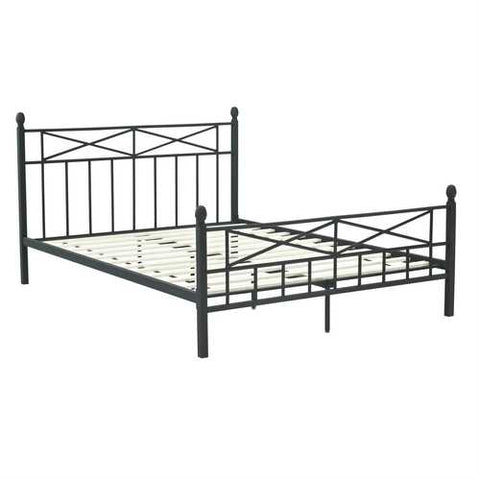 Image of Full size Matte Black Metal Platform Bed Frame with Headboard Footboard and Wood Slats