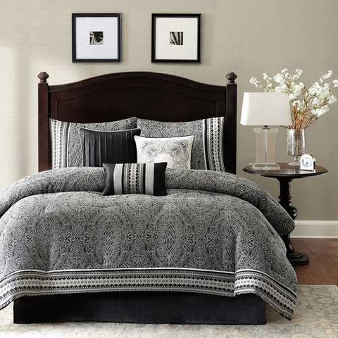 Image of Queen size 7-Piece Comforter Set in Black White Grey Damask Pattern