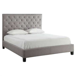 Queen size Gray Linen Upholstered Platform Bed with Button Tufted Headboard