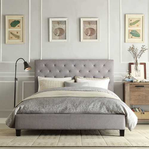 Image of Queen size Gray Linen Upholstered Platform Bed with Button Tufted Headboard