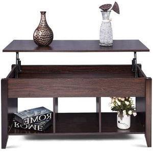 Brown Wood Lift-Top Coffee Table with Bottom Storage Shelves