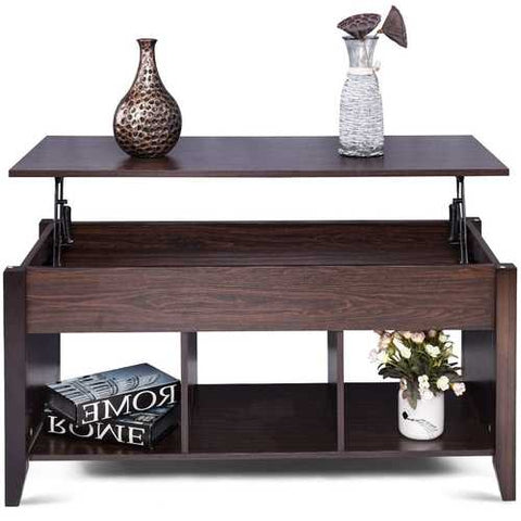 Image of Brown Wood Lift-Top Coffee Table with Bottom Storage Shelves