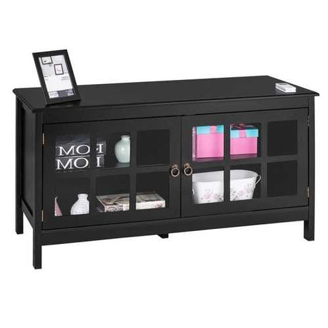 Image of Black Wood TV Stand with Glass Panel Doors for up to 50-inch TV