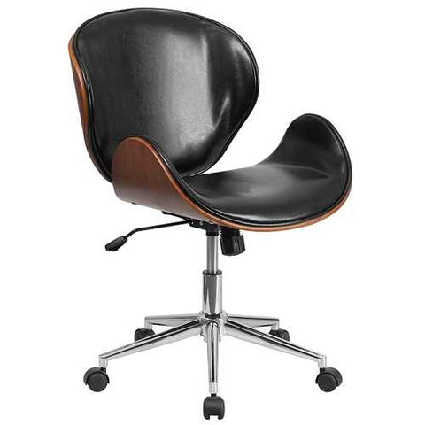 Image of Mid-Back Walnut / Black Faux Leather Office Chair with Curved Bentwood Seat