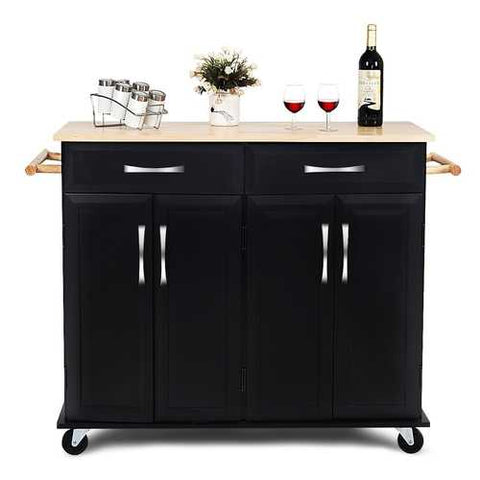 Image of Black Kitchen Island Storage Cabinet Cart with Wood Top and Wheels