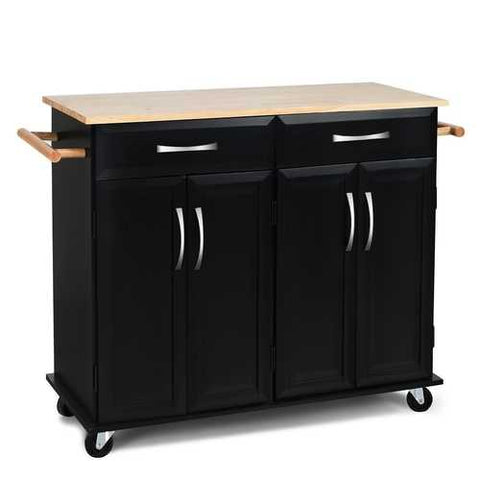 Image of Black Kitchen Island Storage Cabinet Cart with Wood Top and Wheels