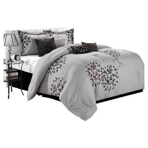 Queen size 8-Piece Comforter Set in Silver Gray Black Brown Floral