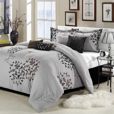 Image of Queen size 8-Piece Comforter Set in Silver Gray Black Brown Floral