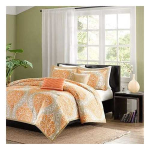 California King size 5-Piece Comforter Set in Orange Damask Print