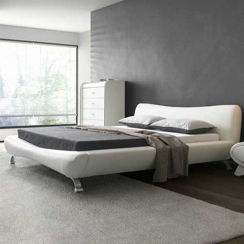 Image of California King White Faux Leather Upholstered Platform Bed with Modern Headboard