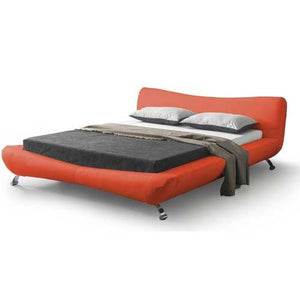 California King size Modern Red Faux Leather Platform Bed with Upholstered Headboard