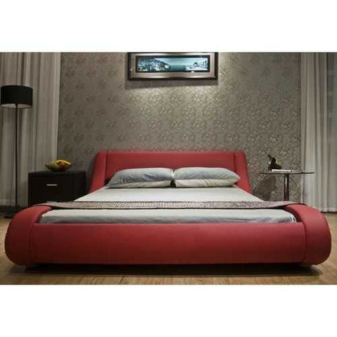 Image of California King Red Faux Leather Upholstered Platform Bed with Modern Curved Headboard