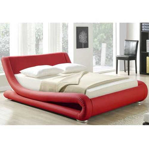 California King Red Faux Leather Upholstered Platform Bed with Modern Curved Headboard