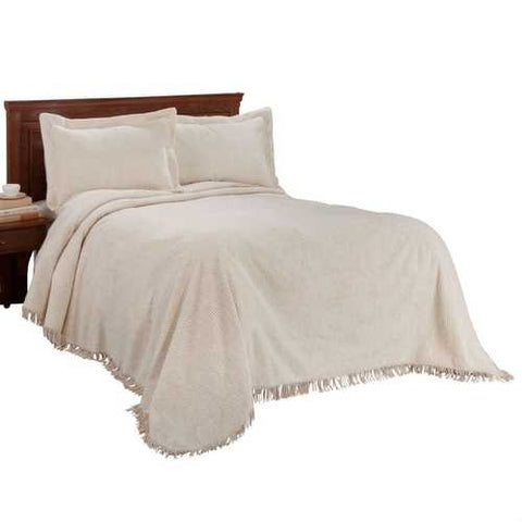 Image of Queen size Natural Off-White Beige Cotton Chenille Bedspread with Fringe Edge