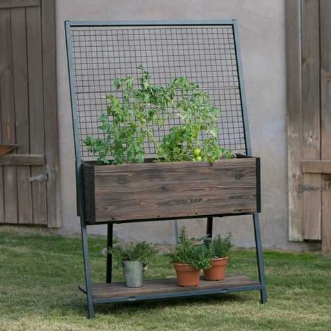 Image of Large Dark Wood Raised Planter with Black Steel Trellis