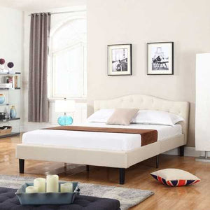 Queen size Ivory Linen Upholstered Platform Bed with Button-Tufted Headboard