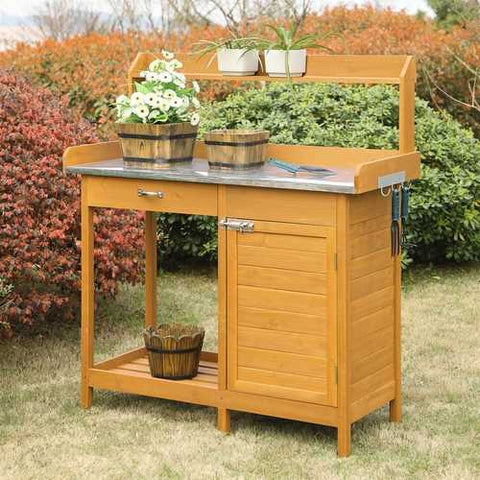 Image of Outdoor Home Garden Potting Bench with Metal Table Top and Storage Cabinet