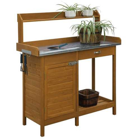 Image of Outdoor Home Garden Potting Bench with Metal Table Top and Storage Cabinet