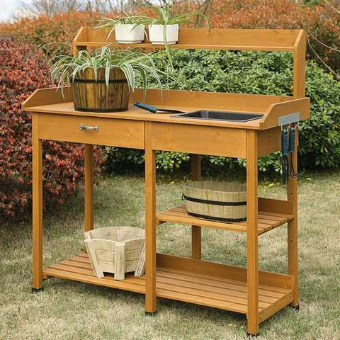 Image of Wooden Potting Bench Work Table-sink Light Oak Finish