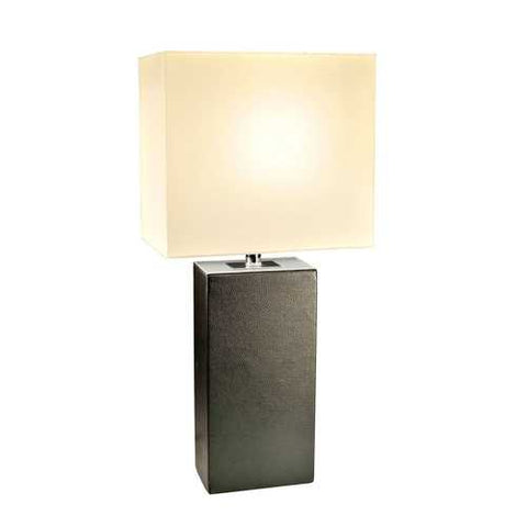 Image of Contemporary Black Leather Table Lamp with White Fabric Shade