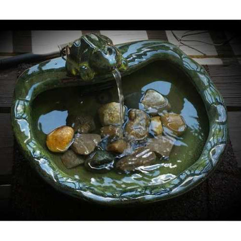 Image of Green Glazed Ceramic Fountain Bird Bath with Frog and Solar Pump