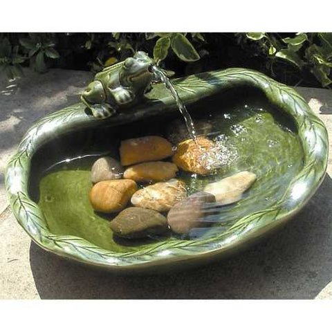 Image of Green Glazed Ceramic Fountain Bird Bath with Frog and Solar Pump